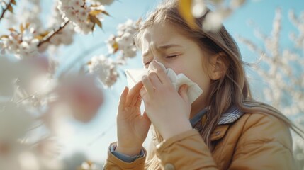 Young girl using tissue to blow her nose, healthcare concept