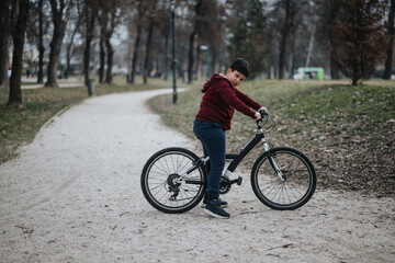 Carefree young boy riding his bicycle in a green park, a scene of healthy childhood lifestyle and joy.