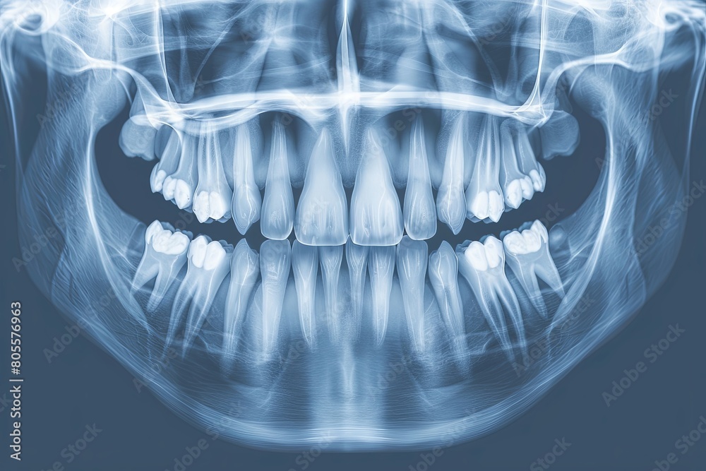 Poster x-ray showcasing a persons smile with detailed views of their teeth and jaw structure. generative ai