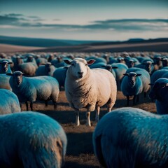 White and blue sheep in the field.