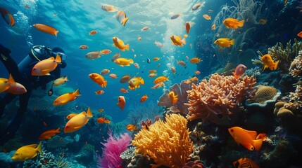 Naklejka na ściany i meble Underwater scuba diving adventure, coral reefs and tropical fish, vivid marine life, YouTube thumbnail