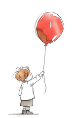 Rysunek przedstawia osobę trzymającą w dłoni czerwony balon. Postać jest szczegółowo narysowana, a balon jest jaskrawy i wyraźnie widoczny