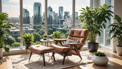 Fototapeta premium gemütlicher Leder Sessel in einem Wohnzimmer mit Ausblick auf Skyline einer Stadt, gemütliche Lounge umgeben von grünen Pflanzen, gemütliche Oase zum Entspannen relaxen genießen