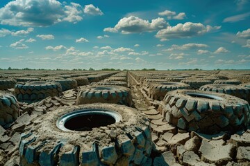 A collection of tires left in the dirt, environmental concern. Ideal for illustrating waste management concepts