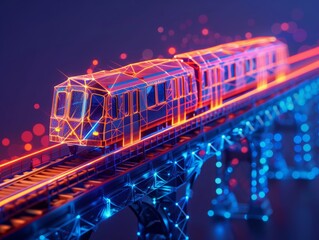 Neural lowpoly AI futuristic neon network of train