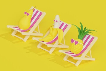 Cartoon cute pineapple in the heart shaped glasses, banana and pear fruits characters in the sunbeds at the beach taking sunbath 3d rendered illustration on the yellow background
