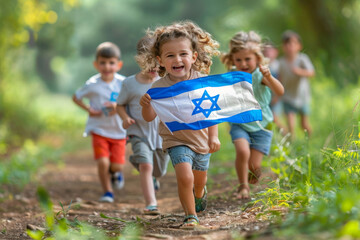 Fototapeta premium Happy children running with Israeli flag during Independence Day celebration.