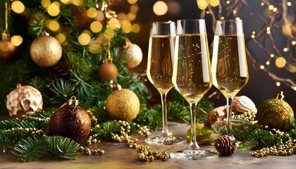 christmas and new year greeting card with champagne