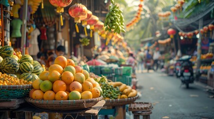 Vibrant street market exploration in Southeast Asia, local culture and colors, traveler interaction, YouTube thumbnail