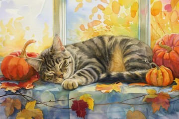 A peaceful cat napping on a sunny window sill. Ideal for pet lovers or home decor