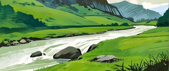 Pure natural landscape of green mountain pastures with river, thick brush texture art painting style illustration. Generative AI - obrazy, fototapety, plakaty