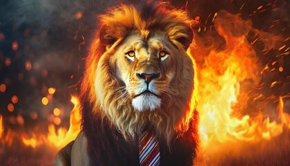 a lion with a tie on its neck in front of a fire background with flames and smoke coming out of its...