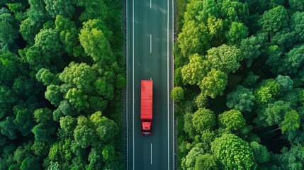 Aerial top view of car and truck driving on highway road in green forest.