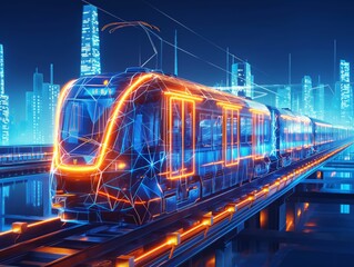 Fototapeta na wymiar Neural lowpoly AI futuristic neon network of train