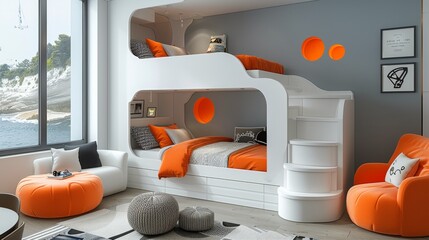 Bedroom With Bunk Bed and Orange Pillows