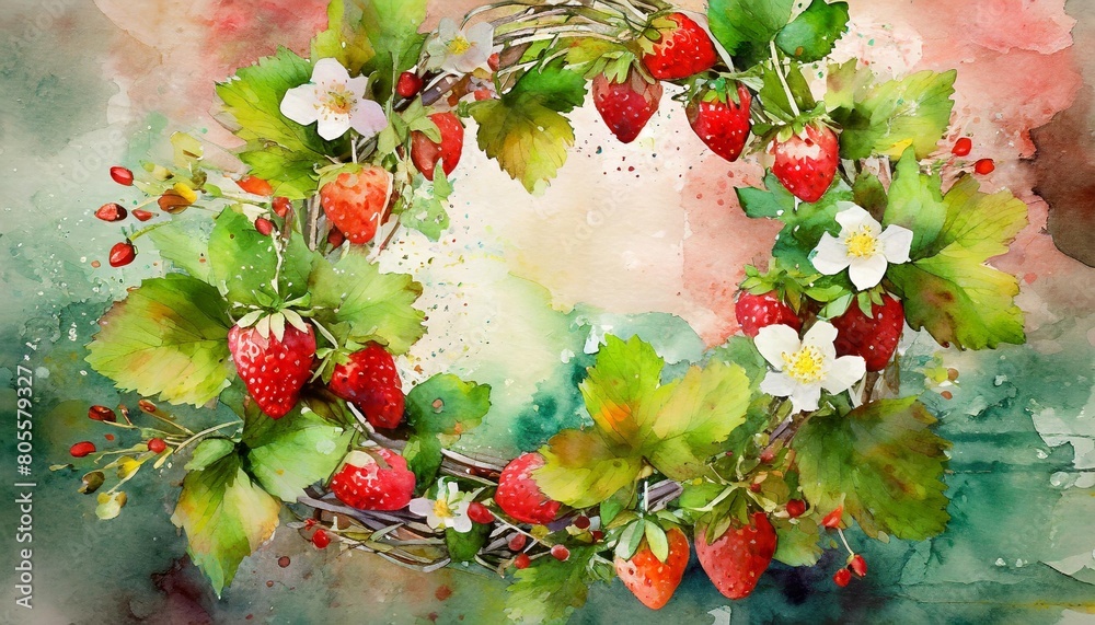 Wall mural watercolor background with strawberry wreath