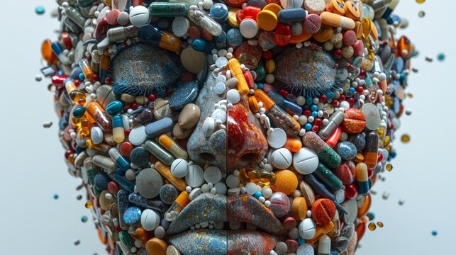 A head made of colorful pills and voids filled with various dollop-like rough oval, rectangular or round shapes. A spoonful is placed on the right side of his face, and some colorful pills scattered a