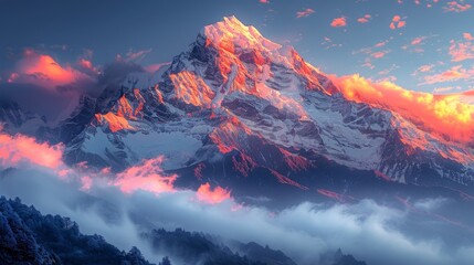 Cloud-covered Mountain Under Pink Sky
