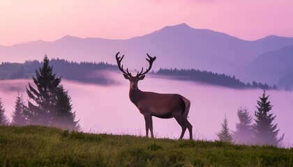 horizontal banner silhouette of deer standing on grass hill mountains and forest in the background...