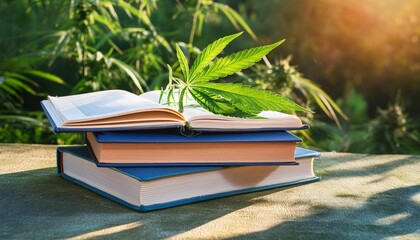 educational books on cannabis cultivation and history bathed in sunlight