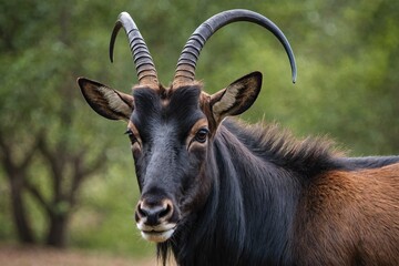 top close and full framed view of Sable Antelope head , detailed and sharp textures, large depth of field