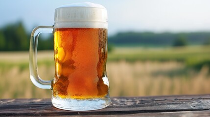 A glass of beer sitting on a wooden table
