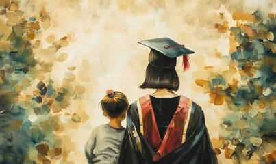 Mom university graduate with her daughter