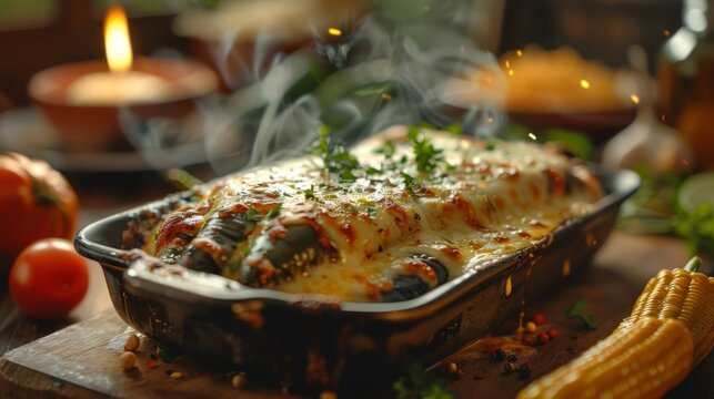 A tantalizing Chile Relleno casserole, bubbling with melted cheese and a rich sauce, served steaming hot, garnished with fresh herbs for an authentic homemade meal.