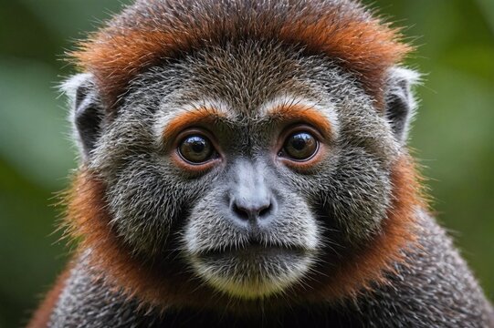 top close and full framed view of Red-Bellied Titi Monkey head , detailed and sharp textures, large depth of field