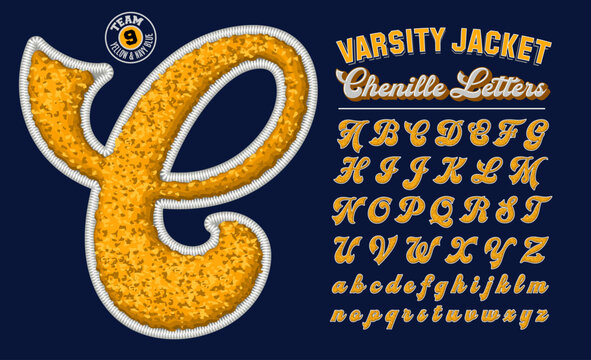 A collection of letters with the effect of letterman jacket embroidered patches in chenille fabric; 3d effect embroidery script alphabet.