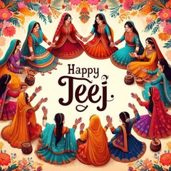 Obraz premium Happy Teej 2024 Illustration with Indian Women Illustration