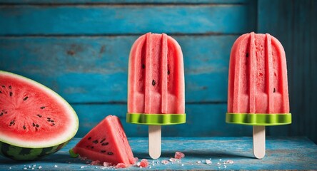 Watermelon slice popsicles displayed on a rustic blue wood background