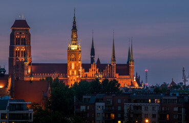 St. mary church and Town hall in Gdansk at night