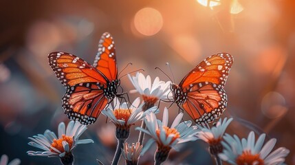 Two Butterflies Flying Over a Bunch of Flowers