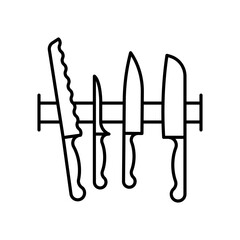 Kitchen knives icon. Linear illustration knives on a magnetic bar. Icon related with a cooking, food preparing, kitchen utensils. Editable stroke, thine outline