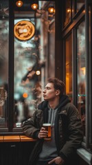 A man seated at a bar holding a drink in his hand