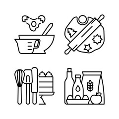 Baking icon set. Mixing bowl, measuring cup, rolling pin, dough, cookies, supplies, whisk, spatula, cake, stand, milk, oil, egg, flour. Linear illustration, editable stroke. Homemade pastry concept