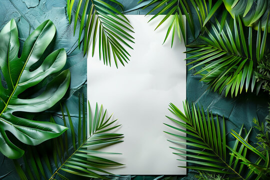 Lush tropical leaves artfully framing a white space on a textured blue background, perfect for natural and vibrant design themes.