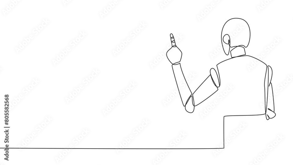 Poster self drawing animation of continuous one line drawing from back view robotic speaking at podium whil