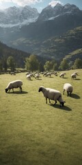 Fototapeta premium Sheep flock grazing in mountains on green grass meadow