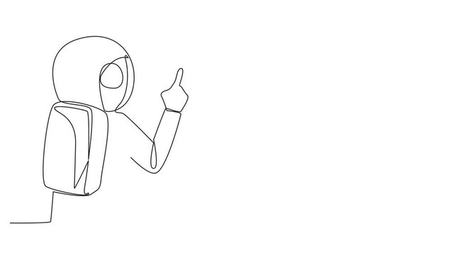 Animation of one line drawing of single one line drawing from back view astronaut speaking at podium while lifting index finger. Astronaut in Conference Hall present new business. Full length motion