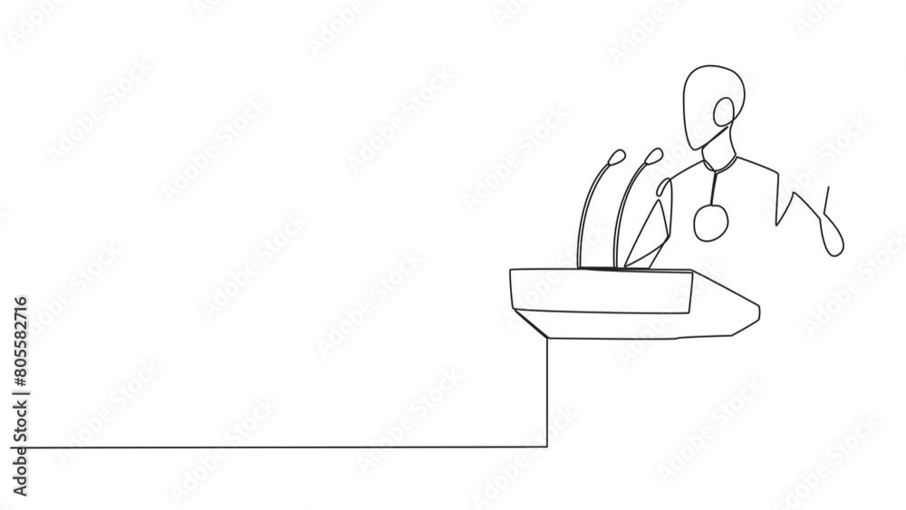 Poster self drawing animation of continuous one line drawing smart robotic speaking at the podium while lif