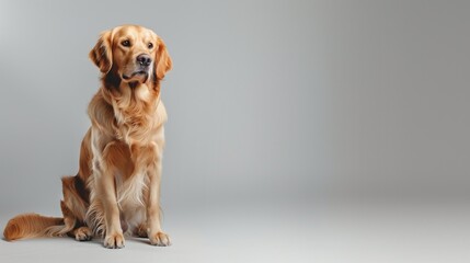 Elegant Golden Retriever Dog Sitting on Plain Background, Copy Space for Text on the Left