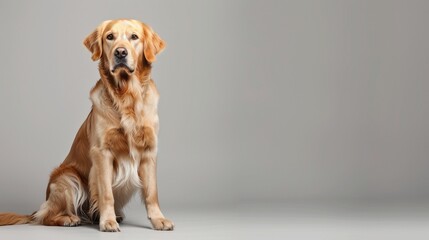 Elegant Golden Retriever Dog Sitting on Plain Background, Copy Space for Text on the Left