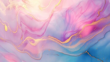 This fluid art piece showcases a beautiful combination of pink and blue hues with striking golden highlights