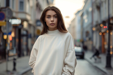Obraz premium Mockup. Young woman wearing blank white crewneck sweatshirt. Young girl posing against blurred European city street in sunny day. Mock up template for sweatshirt design, print area for logo or design