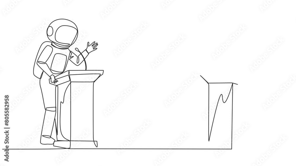 Poster self drawing animation of single continuous line drawing two astronauts arguing on the podium. throw