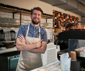 Portrait, cafe and man with pride for small business with hospitality service, happy and machine...