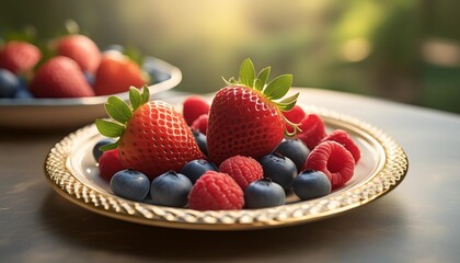 colorful fruit dessert plate with strawberries raspberries and blueberries symbolizing fresh...