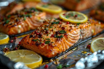 Seasoned grilled salmon with a scatter of spices and herbs, presented on a baking tray